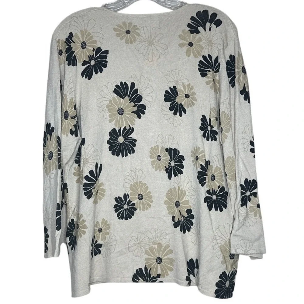 Sag Harbor Women's XL Floral V-Neck Sweater Tan Black Beaded boho grandmacore